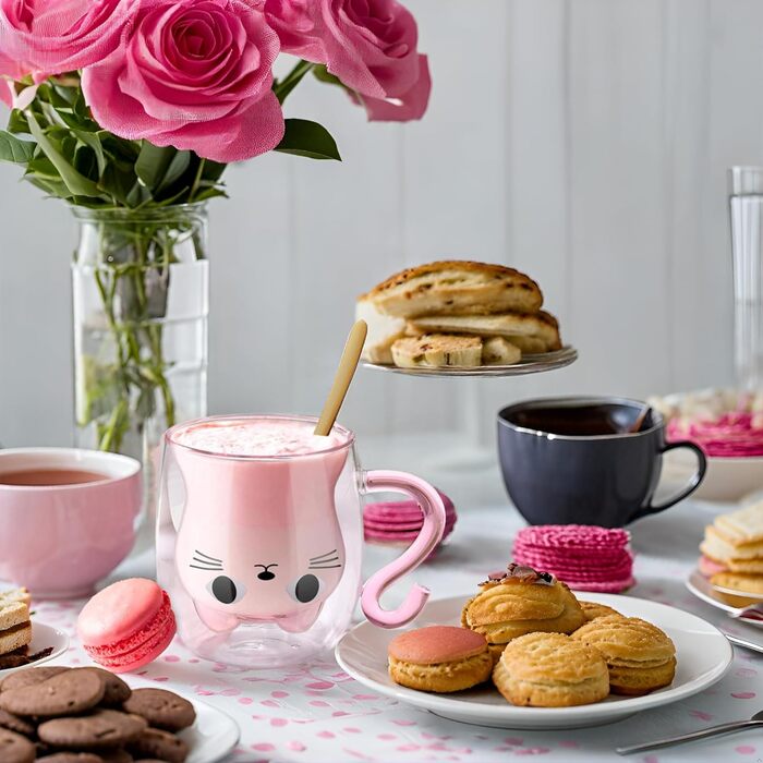 Двостінні милі різдвяні ялинки келихи для лате макіато 270 мл кавова чашка різдвяна кружка з різдвяною ялинкою ситечко для чаю келихи для молока, льоду, різдвяні подарунки для жінок і дітей (тип 2-рожевий кіт, тип 2-290 мл * 1)