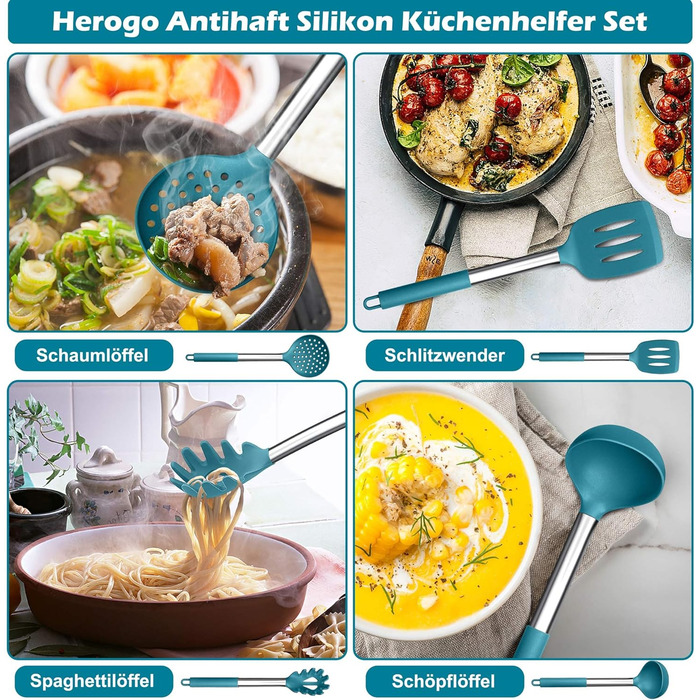Набор кухонных гаджетов Herogo, 9 предметов силиконовой кухонной утвари, набор кухонных столовых приборов с держателем для посуды, набор шпателей для кухонной утвари с ручкой из нержавеющей стали, термостойкий и антипригарный (синий)
