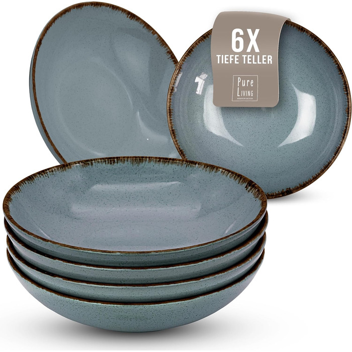 Набор посуды из керамогранита на 6 персон рустик 24 предм. - Набор посуды в деревенском стиле, можно мыть в посудомоечной машине - Набор мисок и тарелок - Посуда Pure Living (глубокие тарелки (6x), дымчато-синий)