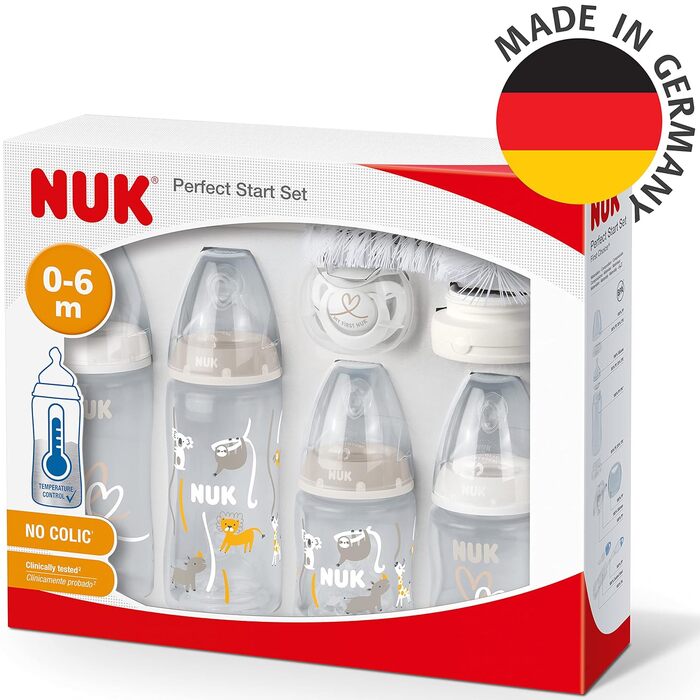 Набір дитячих пляшечок NUK Perfect Match Perfect Start Від 0 місяців Адаптується до дитини 4 дитячі пляшечки проти коліків, пустушка, щітка для пляшечок тощо Без BPA 9 шт. (нейтральні, набір з 10 шт. )
