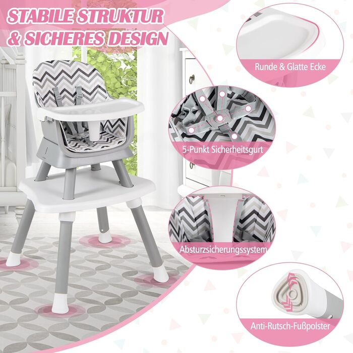 Дитячий стільчик для годування 6-в-1 сірий-білий COSTWAY