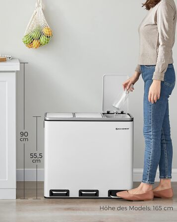 Кухонний контейнер для сміття SONGMICS, 3 x 18 л, система розділення сміття, 3 відділення, включаючи 15 мішків для сміття, відро для сміття, відро для сміття з педаллю, для вторинної переробки, органічні відходи, з кришкою, LTB54BK (білий хмара)