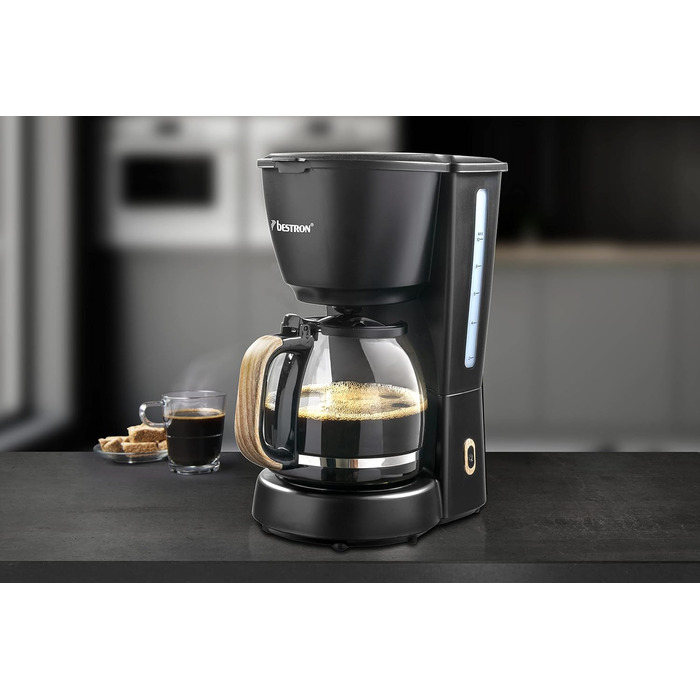 Кавомашина з фільтром Bestron на 8 чашок кави, кавомашина з термоглечиком об'ємом 1 літр, з постійним фільтром і автоматичним вимкненням, 900 Вт, колір (чорний / дерево)