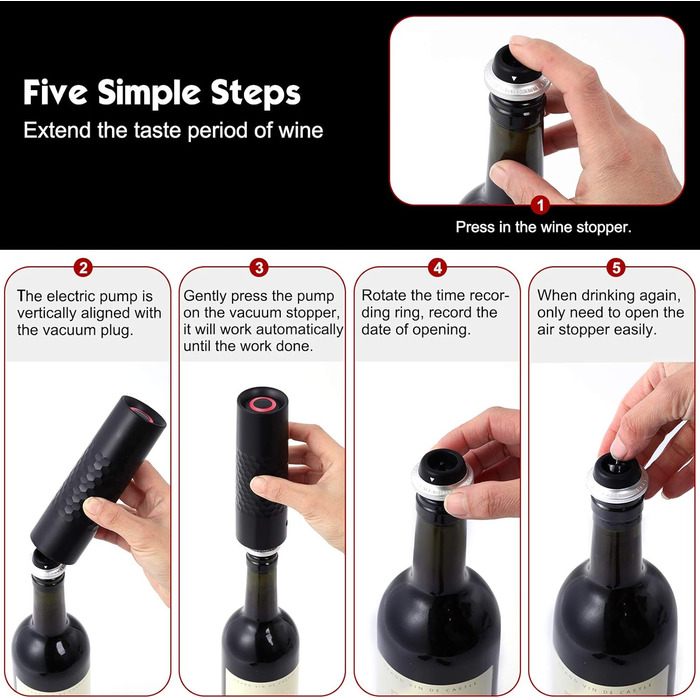 Вакуумна помпа для вина автоматична з пробками, чорна WIWONEY