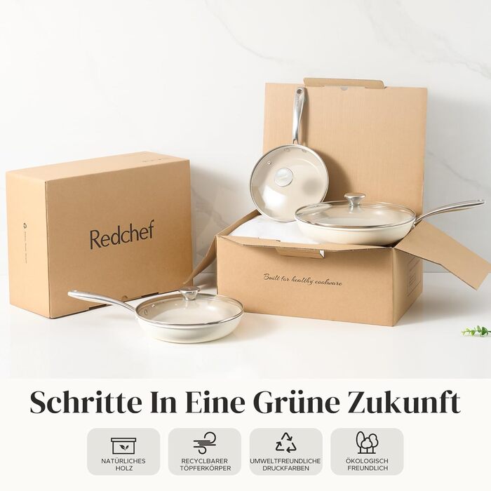 Набор индукционных сковородок со стеклянными крышками, 6 предметов 20, 24, 28 см, бежевый Redchef