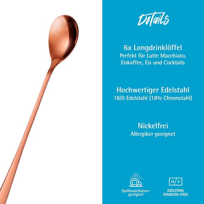 Набір ложок GRWE для лате макіато, золотий, 6 предметів, 22 см, довгі ложки, ложки для коктейлів, десертні ложки, ложки для морозива, ложки для кави з льодом, нержавіюча сталь, можна мити в посудомийній машині (рожеве золото)