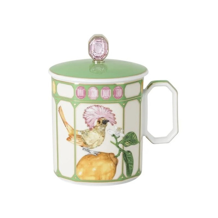 Кухоль з ручкою та кришкою 0,39 л Королівська мухоловка в зеленій рамці, IDYLLIA Swarovski x Rosenthal