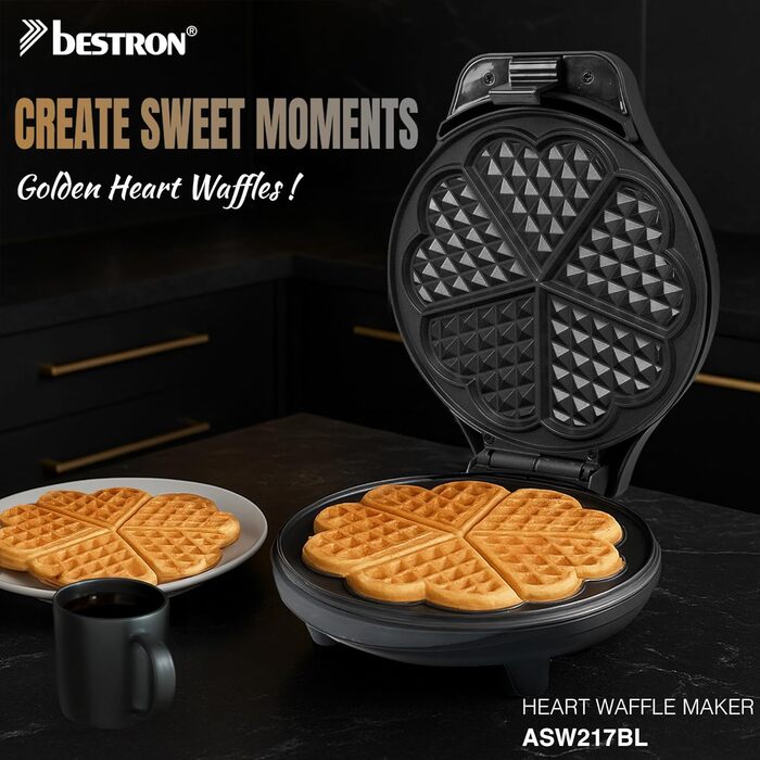 Вафельниця Bestron для класичних вафель у формі серця, вафельниця у формі серця з антипригарним покриттям та підсвічуванням випікання, вафельниця з колекції Sweet Dreams, 700 Вт, колір (матовий чорний)