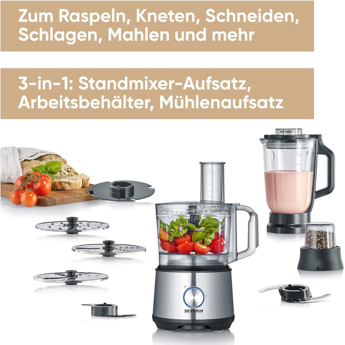 Компактний універсальний подрібнювач SEVERIN для грубого і дрібного шинкування, кухонний комбайн з широким набором аксесуарів, матова нержавіюча сталь / чорний, KM 3865 (багатофункціональний замішування, перемішування, натирання, натирання, подрібнення та