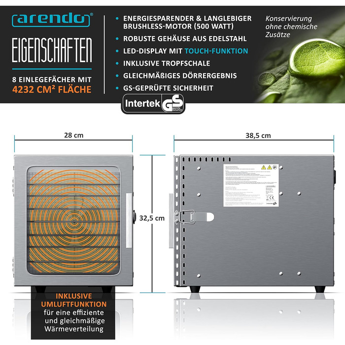 Дегідратор на 8 полиць, 500 Вт Arendo