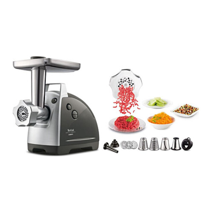 Tefal Мясорубка HV8 Successor, 2200Вт, 4.5кг/мин, 3 решетки, насадка для колбас, кеббе, 4 терки, пластик/металл, черный