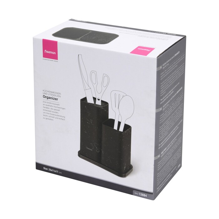 Підставка Fissman для кухонних ножів та інструментів 11x11x23 + 11x11х17 см, колір ЧОРНИЙ МАРМУРпластик (12884)