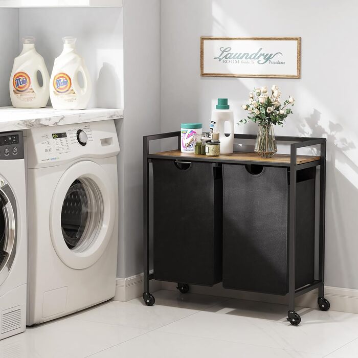 Сворачиваемая корзина для белья Lifewit, 95 л 2 выдвижные корзины для белья с верхней полкой и 2 семными сумками и ручками, сортировщик белья для прачечной, спальни, ванной комнаты и общего номера, черный 76x33,5x78 см Деревенский коричневый черный