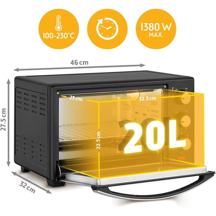 Міні-духівка 20 л 1380 Вт - Міні-духівка з плавним контролем температури до 230C - Міні-духівка з таймером на 60 хвилин, 3 рівнями висоти полиць, деком та решіткою для гриля - Для невеликих кухонь та кемпінгу