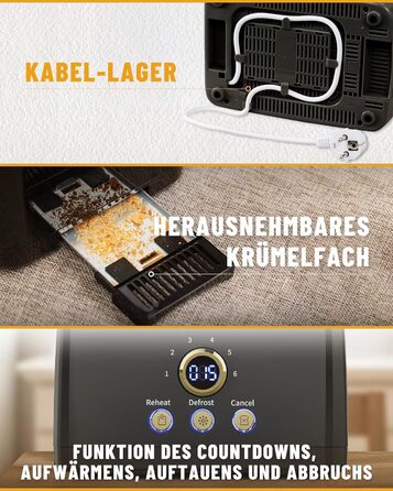 Тостер на 2 скибочки, тостер ZACHVO з підігрівом булочок, 6 рівнів підрум&39янювання, 850 Вт, знімний піддон для крихт, світлодіодний екран, високий підйом, розігрів, розморожування, функція скасування