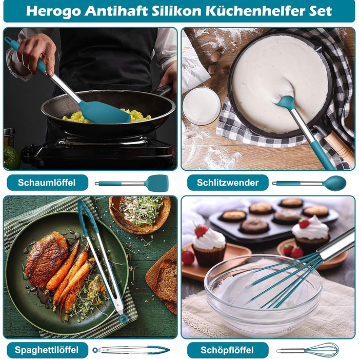 Набор кухонных гаджетов Herogo, 9 предметов силиконовой кухонной утвари, набор кухонных столовых приборов с держателем для посуды, набор шпателей для кухонной утвари с ручкой из нержавеющей стали, термостойкий и антипригарный (синий)