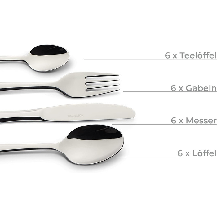 Набор столовых приборов Konsimo на 6 персон Набор столовых приборов 24 предмета, Классический, Минималистичный, Нержавеющая сталь Можно мыть в посудомоечной машине Серебро (Ceras)