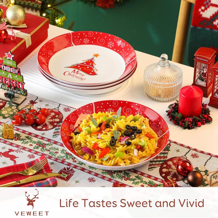 Серія 30-предметний порцеляновий різдвяний набір посуду на 6 осіб, різдвяний кавовий сервіз на 6 обідніх тарілок, 6 десертних тарілок, 6 супових тарілок, 6 кавових чашок та 6 блюдець (різдвяна ялинка, тарілка для пасти на 4 предмети)