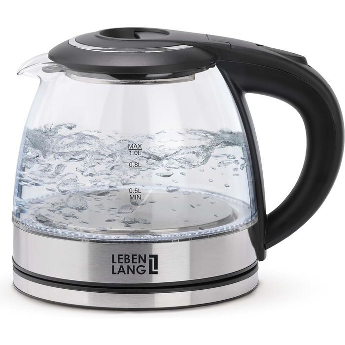 Скляний чайник малий - 1 літр і без бісфенолу А - в т.ч. Світлодіодне освітлення I Міні-чайник Скляний скляний чайник Безшумний I Маленька водоварка 1 л Водонагрівач бойлер чайник електричні чайники