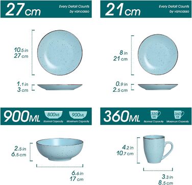 Столовий сервіз з керамограніту, набір посуду vancasso MODA, вінтажний вигляд, комбінований сервіз із 40 предметів з 8 обідніми тарілками, тарілками для тортів, суповими тарілками, мисками та чашками кожна (синій, комбінований сервіз 16 шт.)