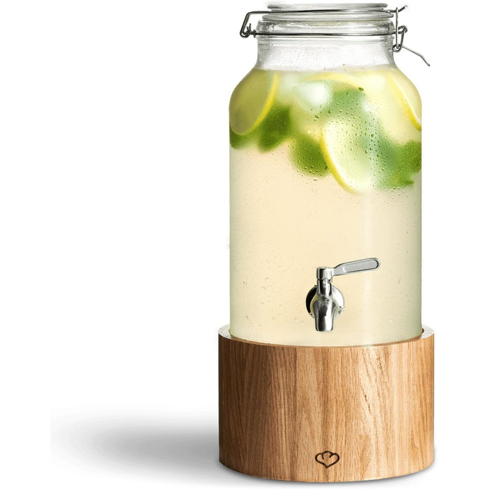 З краном і підставкою з нержавіючої сталі в дубі, диспенсер для лимонаду, вінтажна дизайнерська банка Мейсона (диспенсер для напоїв 5 л)