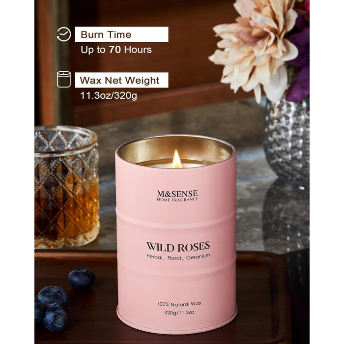 Ароматичні свічки M&SENSE з натурального соєвого воску, натуральна соєва свічка для домашнього декору, тривалий час горіння до 70 годин, класні подарунки-свічки для чоловіків і жінок (320 г, дикі троянди)