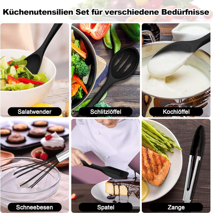 Набор кухонных гаджетов Herogo, набор силиконовой кухонной утвари из 22 предметов с держателем для посуды, термостойкие кухонные столовые приборы Кухонная утварь, здоровая и с антипригарным покрытием, можно мыть в посудомоечной машине, черный