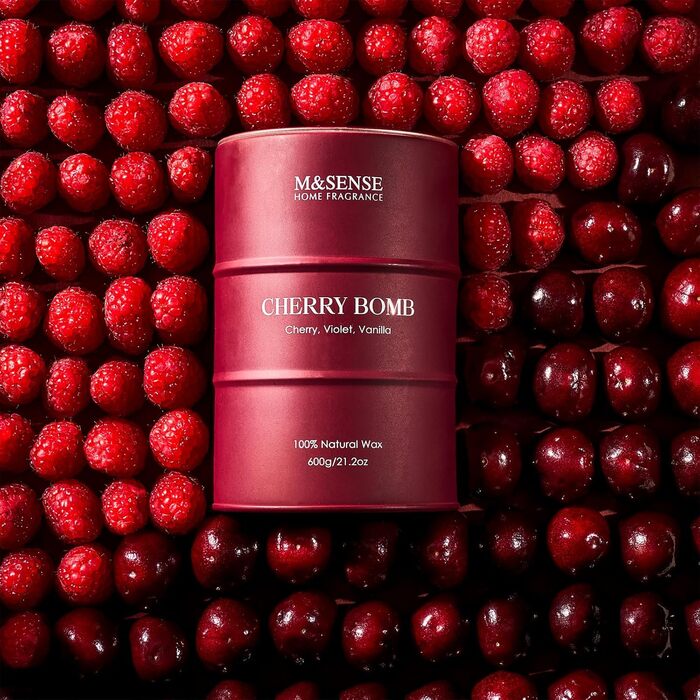 Ароматичні свічки M&SENSE з натурального соєвого воску, натуральна соєва свічка для домашнього декору, тривалий час горіння до 70 годин, класні подарунки-свічки для чоловіків і жінок (600 г, вишнева бомба)