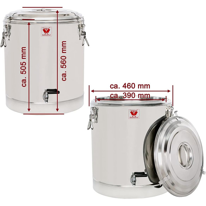 Л термоконтейнер для харчових продуктів і напоїв, професійний кейтеринговий харчовий транспортний контейнер з нержавіючої сталі з бічними ручками, кришкою з гумовим кільцем і замком (52,5 л (зі зливним краном)), 39BTE-40A&39 32