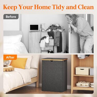 Подвійна корзина для білизни Lifewit 150 л з кришкою, дуже великий бамбуковий кошик для білизни Кошик для брудного одягу чорний