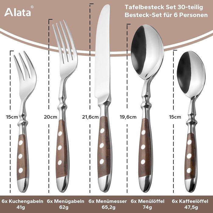 Набір столових приладів на 6 персон, 30 предметів, коричневий Alata