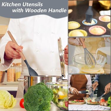 Набір кухонного начиння Herogo з тримачем, 10 предметів силіконового кухонного начиння з дерев'яною ручкою, термостійкий і антипригарний, кухонна лопатка Лопатка Лопатка Щипці Гаджети Набір посуду - сірий