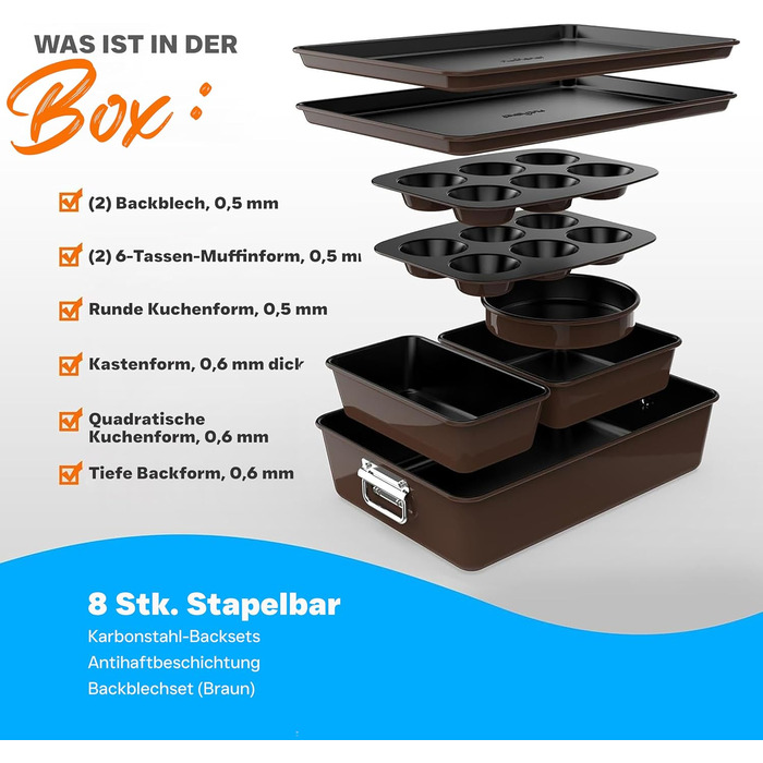 Набір форм для випічки NutriChef - Набір із 8 антипригарних форм для випічки - Без PFOA, PFOS, PTFE, придатний для використання в духовці до 232C - Кругла форма для випічки, форма для хліба, форма для мафінів та форма для дека, придатна для миття в посудо