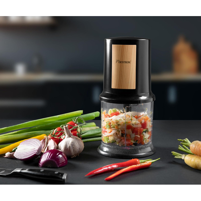 Электрический мультиизмельчитель Bestron, универсальный измельчитель с двумя режущими лезвиями и емкостью 500 мл, большая импульсная кнопка, 400 Вт, цвет (черный/дерево)
