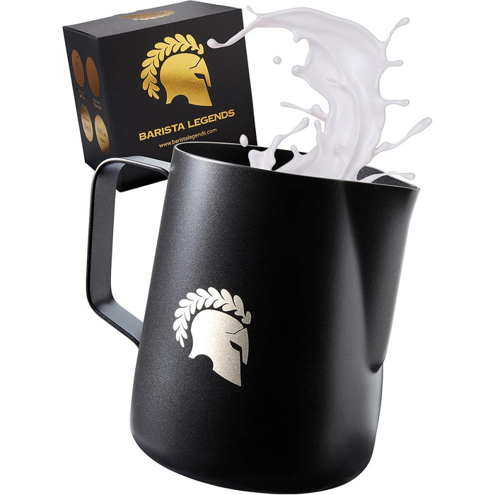Глечик для молока Barista Legends з нержавіючої сталі 350 мл зі спеціальним носиком для лате-арту - Глечик для спінювання молока з високим глянцевим покриттям - Глечик для молока Barista з нержавіючої сталі - Аксесуари Barista (чорний 600 мл)