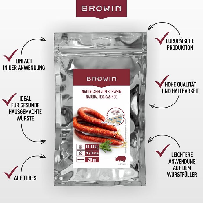 Натуральна оболонка для ковбас Натуральна оболонка вищого сорту для домашньої ковбаси, ялівцевої ковбаси, білої ковбаси, сардельки (калібр 18/20 мм, 91 метр, овеча оболонка)