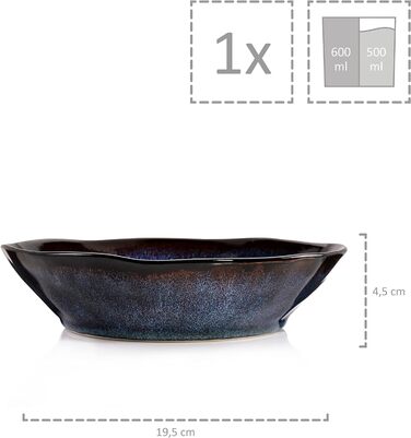 ПЕВЕЦ Тарелка для пасты Токио 4 шт., Тарелка для спагетти на 4 персоны, Набор посуды из керамогранита Макароны, Тарелка для лапши, Посудомоечная машина, Миска для пасты ручной работы, Миска для макарон сине-черная с коричневыми акцентами 1,2 л (суповая та