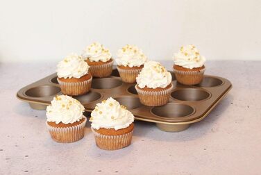 Форма для кексів Zenker 7358 з 12 предметів Ø 7 см MOJAVE GOLD, форма для випікання кексів з листової сталі, деко з армованим керамікою антипригарним покриттям (колір червоне дерево/золото), кількість 38,5 х 26,5 х 3 см