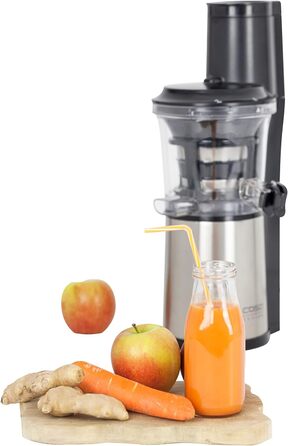 Дизайн повільної соковижималки, результат тесту 'Дуже добре', соковижималка для фруктів, овочів і зелені, великий завантажувальний отвір 75 мм Ø для цілих фруктів, з ситом для соку і сорбету, чорний, нержавіюча сталь, 500 -