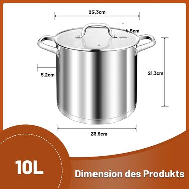 Велика каструля TEAMFAR, каструля з нержавіючої сталі, індукційна плита, скляна кришка, 3-шарове дно для всіх типів плит, каструля для пасти 26 см, каструля для м&39яса, без покриття та нетоксична, можна мити в посудомийній машині (10 літрів)