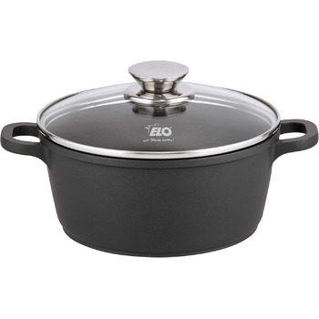 Каструля ELO Alucast 16 см зі скляною кришкою, виготовлена з високоякісного литого алюмінію - високоякісна, антипригарна, без PFAS з покриттям ELODUR Select, підходить для індукції, чорна (2 літри)