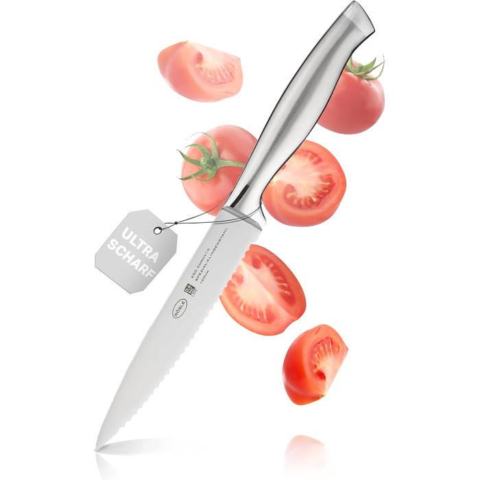 Високоякісний кухонний ніж 20 см для м&39яса, риби, птиці та овочів, нержавіюча сталь 18/10, ергономічна срібна ручка, гострий ніж для кухні (універсальний ніж)