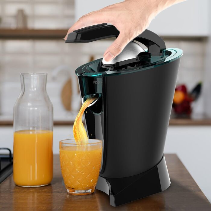 Соковижималка для цитрусових Cecotec Electric Arm 600 Steel. 600 Вт, ситечко з нержавіючої сталі, 2 знімні конуси, важіль, протикрапельна система, можна мити в посудомийній машині (чорний, EssentialVita Hyden)