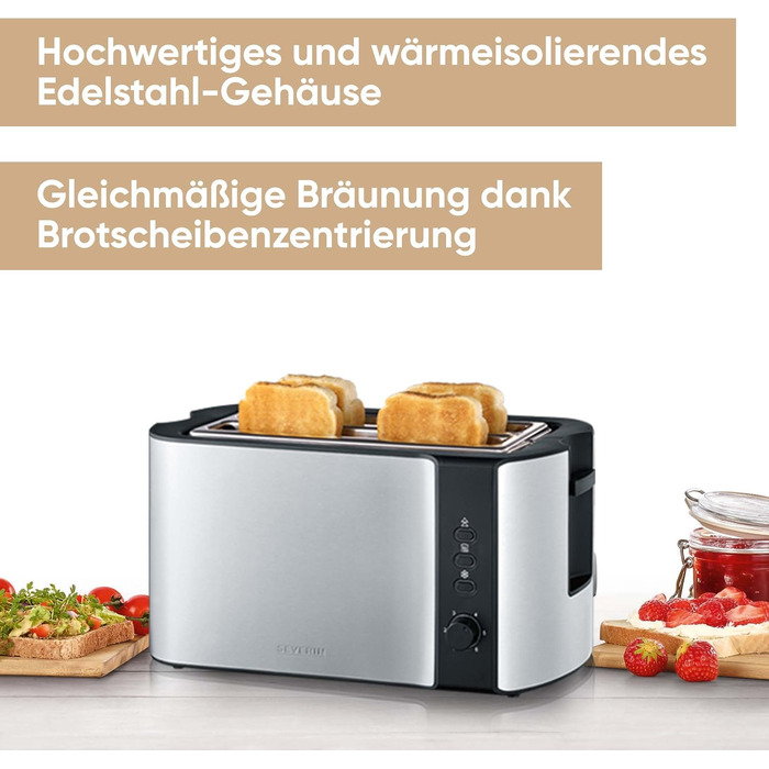Автоматичний тостер SEVERIN з довгим слотом на 4 скибочки тостів, тостер з насадкою для булочки, високоякісний тостер з нержавіючої сталі з великими камерами для обсмажування та потужністю 1 400 Вт, матова нержавіюча сталь/чорний, AT 2590