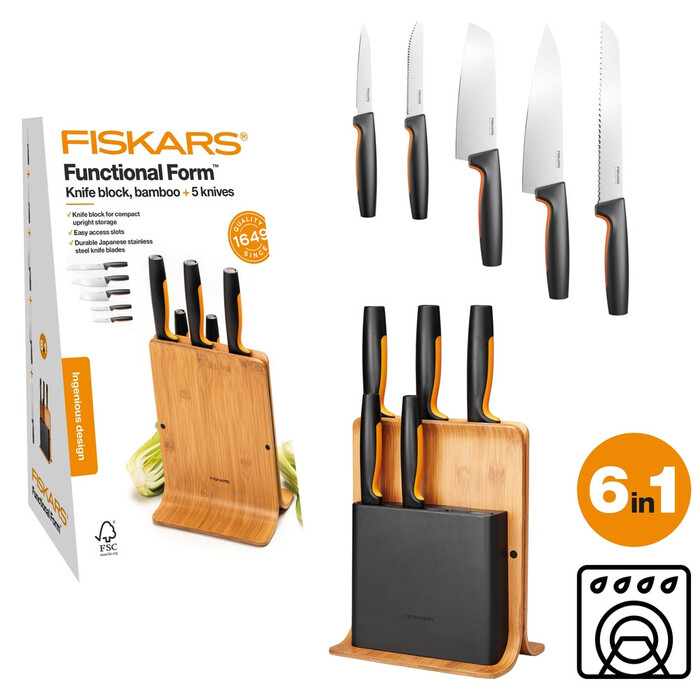 Набір ножів Fiskars Functional Form з бамбуковою підставкою 5 шт (1057552)
