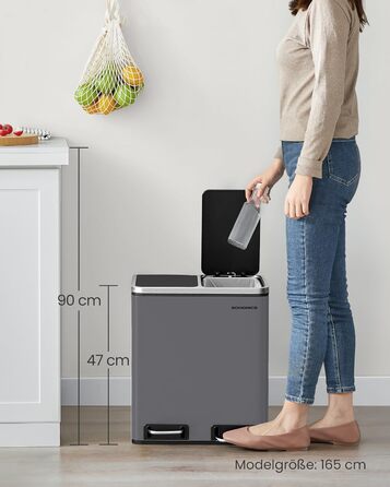 Кухонний кошик для сміття, 2 x 15 літрів, система розділення сміття, 2 відділення, включаючи 15 мішків для сміття, відро для сміття, відро для сміття на педалі, перероблені відходи, органічні відходи, кришка з мяким закриттям, LTB30BK (матово-сірий)