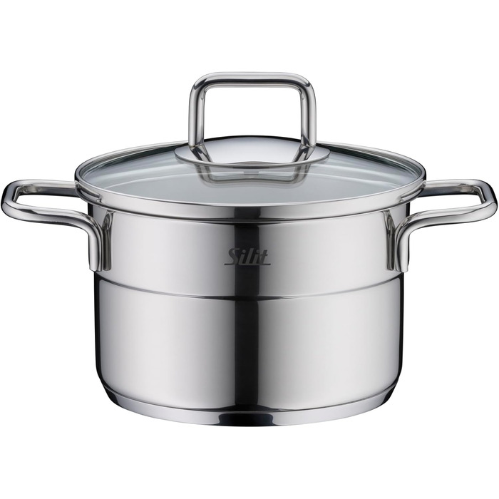 Набір посуду Silit Extra Cook каструлі 12/14 см зі скляною кришкою, внутрішньою мірною шкалою, широким обідком для зливу, нержавіюча сталь Crominox, для невеликих порцій, компактне зберігання, запобігає розтіканню (каструля для мяса, 14 см)