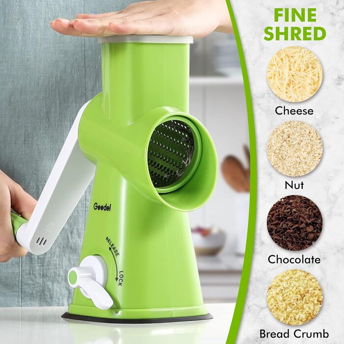 Терка для сиру, Ручна барабанна тертка з 3 знімними барабанними лезами, Овочерізка для швидкого різання, ідеально підходить як терка для картоплі, Терка для горіхів з рукояткою, Подрібнювач горіхів, Подрібнювач мигдалю (Зелений)