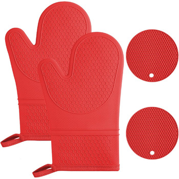 Набір рукавичок для духовки AUAUY, 1 пара силіконових рукавичок для духовки з 2 тримачами для каструль, нековзні кулінарні рукавички, термостійкі рукавички для духовки, рукавички для кухні, приготування їжі, випічки, гриля, барбекю (червоні)