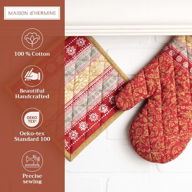 Рукавички для духовки, прихватки для каструль Maison d&39 Hermine, 100 бавовна, термостійкі кухонні рукавички, рукавички для духовки (19 x 33 см) та прихватки для каструль (20 x 20 см) для приготування їжі, Morzine - Рукавички для духовки (19 x 33 см) та 